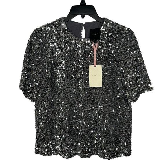 NWT Alex Marie Lia Sequin Velvet Top Silver Crew Neck Short Sleeve Size Small - Picture 2 of 11